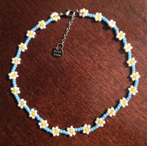 Pura Vida Blue and White Daisy Flower Seed Bead Anklet - Picture 1 of 3